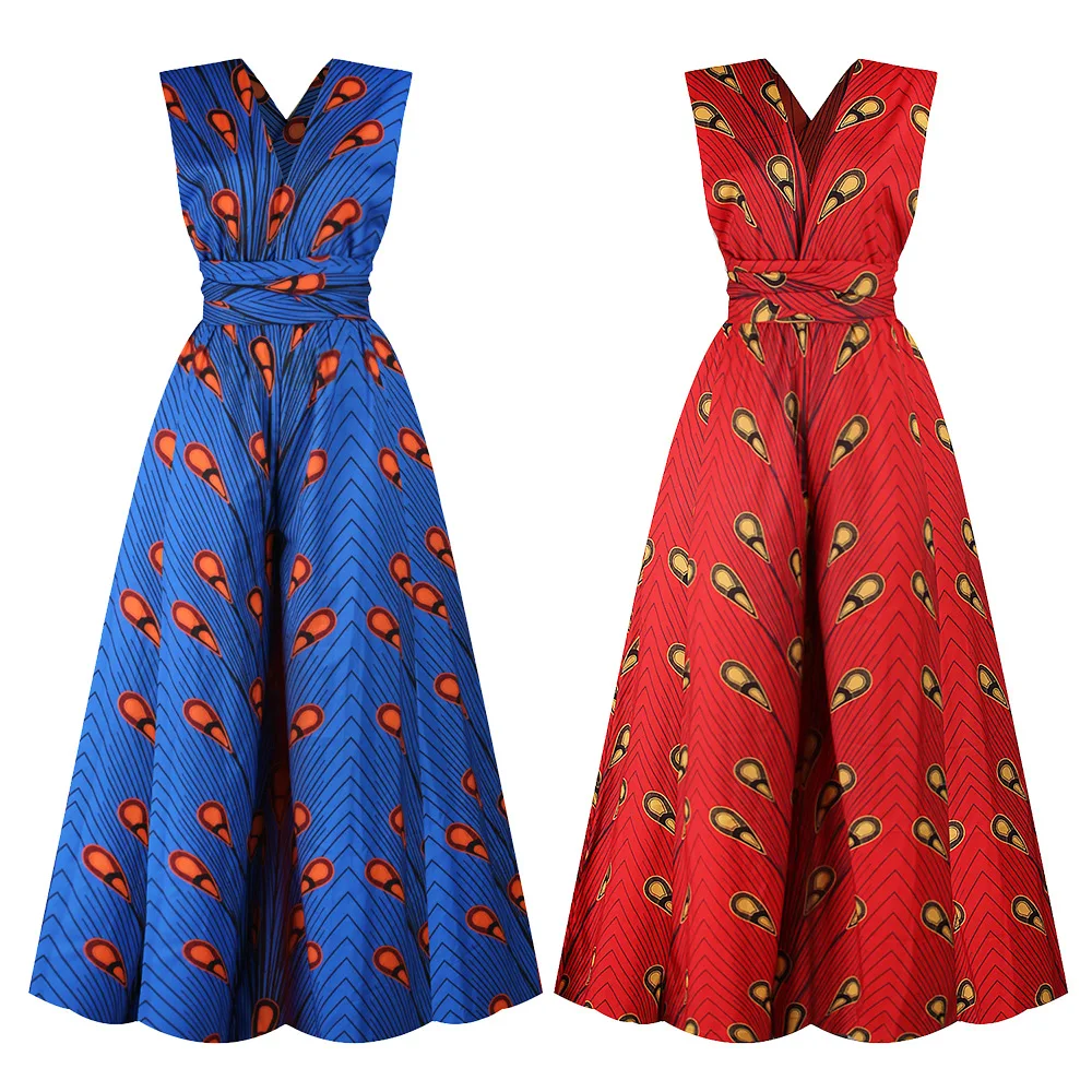 

Fashion V-neck Jumpsuit African Dresses for Women Bandage Wide Leg PantsTrousers Dashiki African Wax Clothes Vestios Robe Party