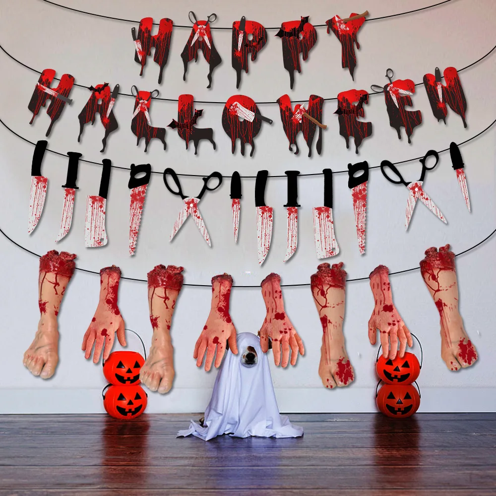 

Happy 2021 Halloween Banner Simulation Human Limbs Paper Flag Horror Theme Parti Home Decor Horror Atmosphere Ghost House Decor