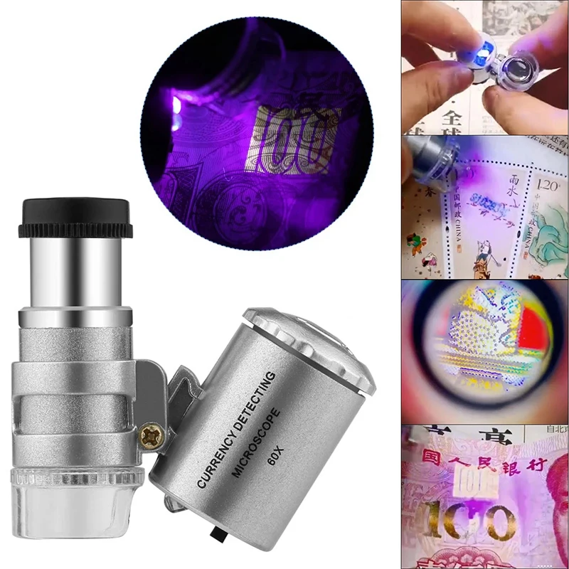

Mini 60X Microscope LED Jewellery Loupe UV Currency Detector Portable Magnifier Magnifying Glass Eye Lens LED Light Magnifier