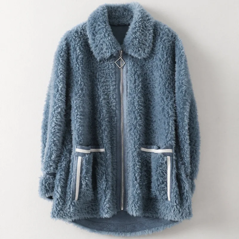 Winter Sheep Shearing Coat Women Autumn Fashion New Wool Fur Jacket Medium Length Office Female Thick Warm Blue Outwear