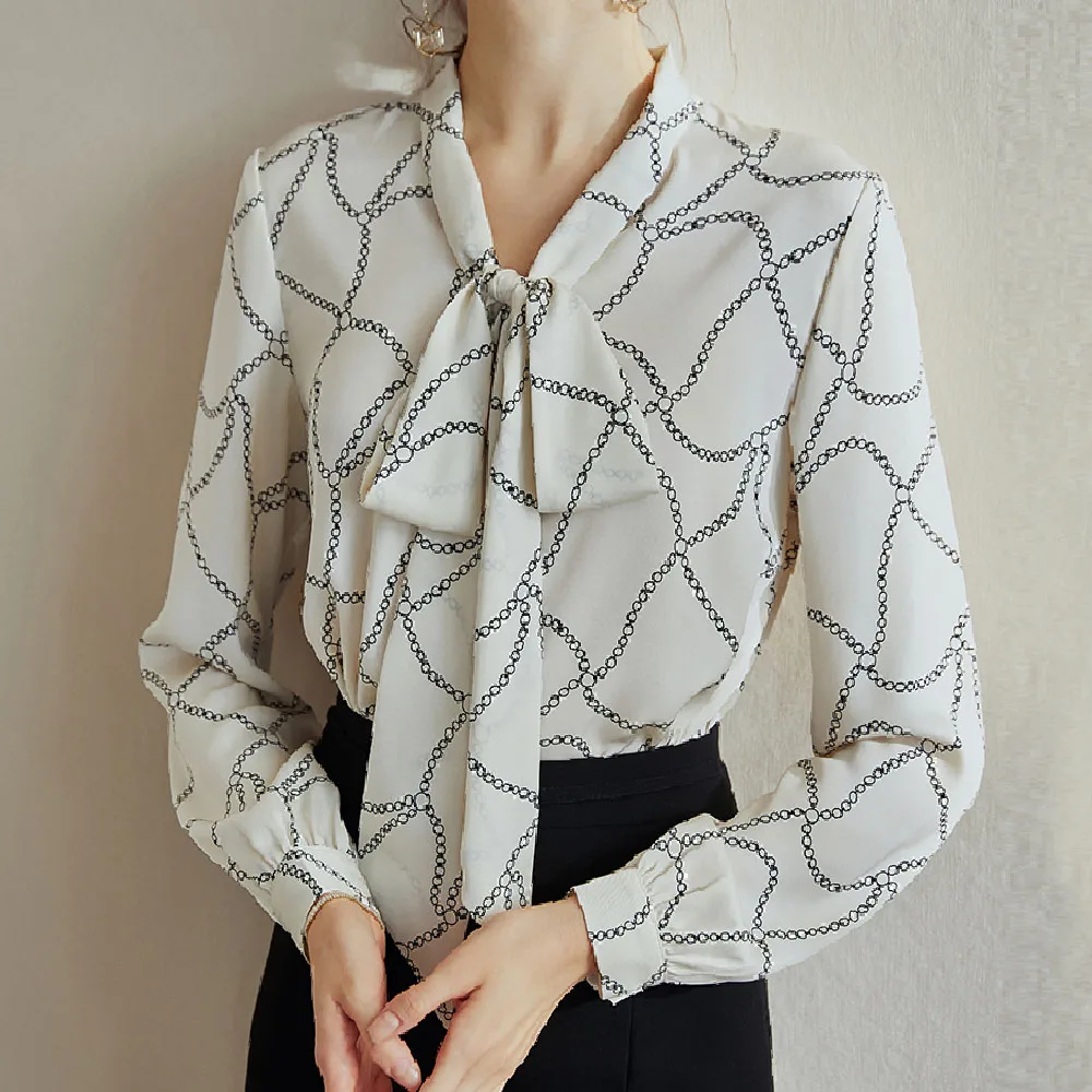 

Blouse Floral Pattern Korean Style Elegant Office Lady Thin Blouse Ladies Fashion Simple Long-sleeved Shirt Japanese Spring New