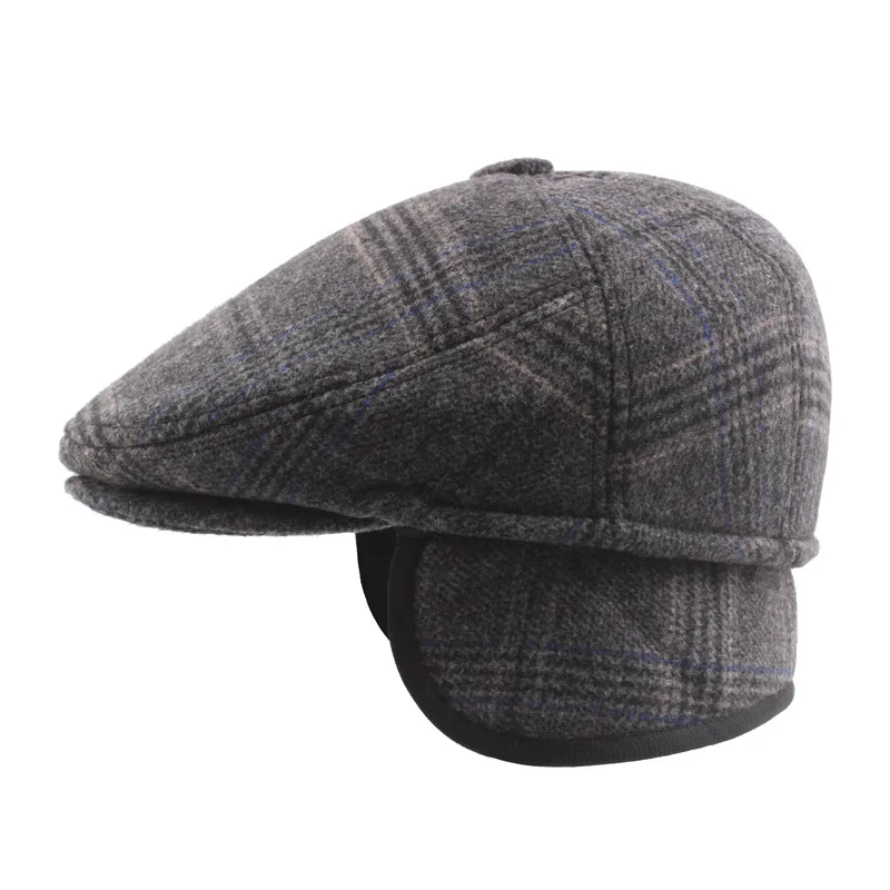 

Warm Winter Beret Hats with Ear Flap Men Retro Caps Stripe Black Wool Felt Hats for Women Thick Forward Flat Ivy Cap Dad Hat
