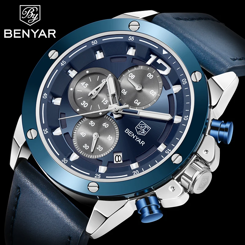 

Benyar Design Top Brand Simple Fashion Men's Quartz Watch Automatic Date High Quality Leather Waterproof Night Light Watch Reloj