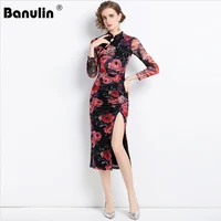 spring chinese traditional dress flower print elegant cheongsam long sleeve stand collar ruched split sheath bodycon dress