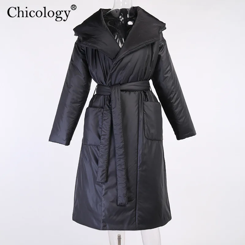 

Chicology Long Sleeve Hooded Oversize Belt Coat Pad Parka Women Crop Jacket 2020 Winter Fall Warm Thick Outerwear Puffer Clothes