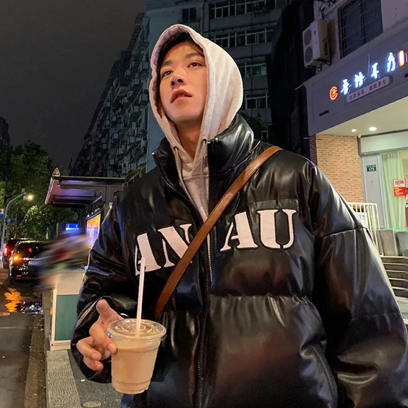 PU Leather Cotton Jacket Men's Winter Trend Wild and Handsome Cotton-padded Jacket Padded Warm Bread Jacket