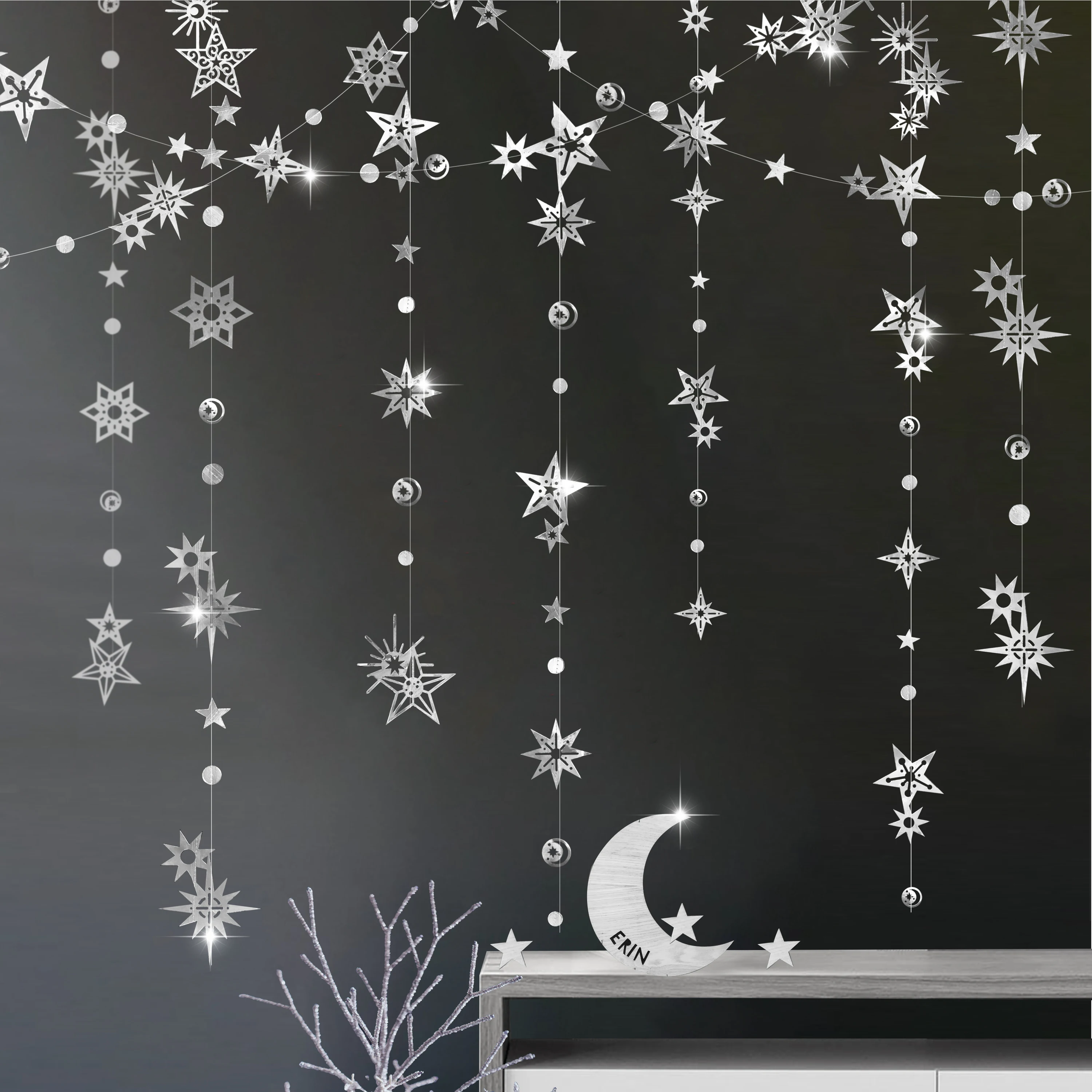 

6Pcs Mirror Paper Silver Star Garlands Decor Starry Sun Moon Banners Hanging Romantic Wedding Christmas Party Ramadan Streamer