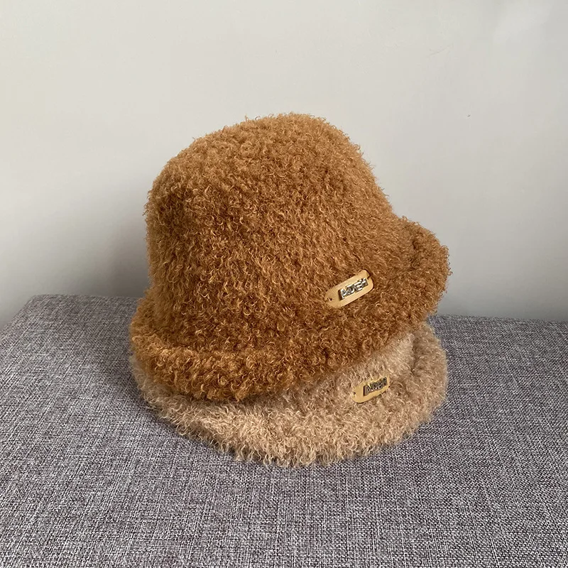 

Teddy Roll Cute Bucket Hats Autumn and Winter Bucket Hats Ins Style Sweet Plush Fisherman Hat Small Label Curling Warm Basin Hat