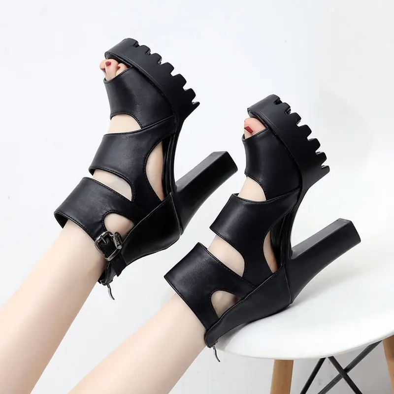

Peep Toe Women's High Heel Sandals 2021 Leather Chunky Heel Waterproof Platform Non-Slip Women's Sandal Open Toe All-Matching