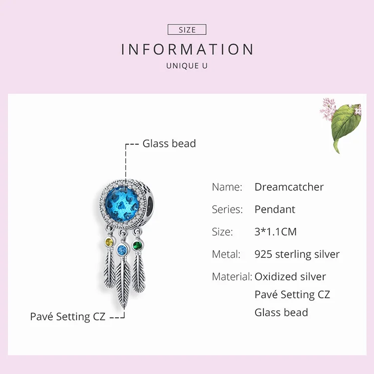 Браслет Pandora, серебро 925,, голубой CZ, Ловец снов, амулеты, S925, Круглый, Богемия, перо, циркон, бусины для изготовления ювелирных изделий