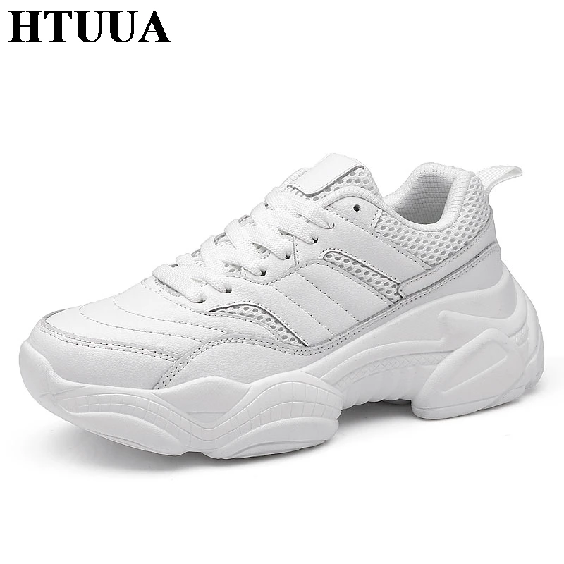 Женские кроссовки на платформе HTUUA белые повседневные кожаные массивной подошве