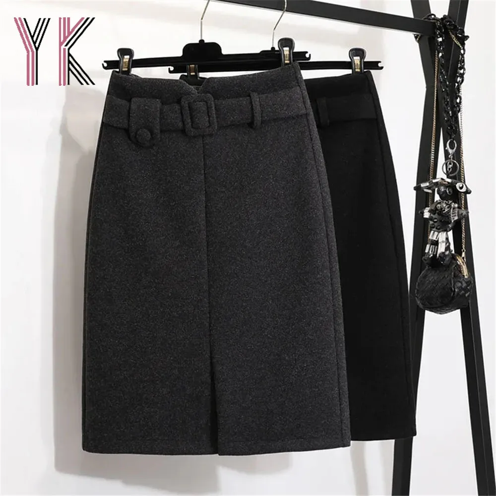 

Fake Belt Slit Thicken Wool Blend Midi Pencil Skirts Autumn Winter Warm Women Sukienka Elegant Vintage Aesthetic Grey Black Saia