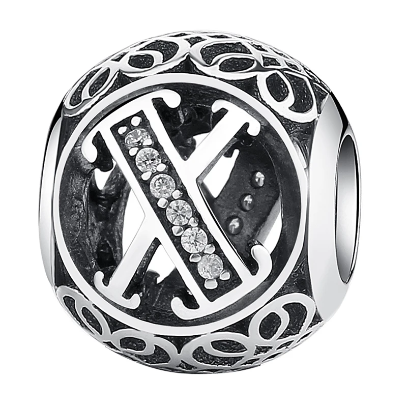 X 925 пробы, серебряные, винтажные, а до Т прозрачные, CZ буквы, алфавит, круглые бусины, подходят для бисаера, браслеты с подвесками, оригинальные ювелирные изделия EDC008 - Окраска металла: X