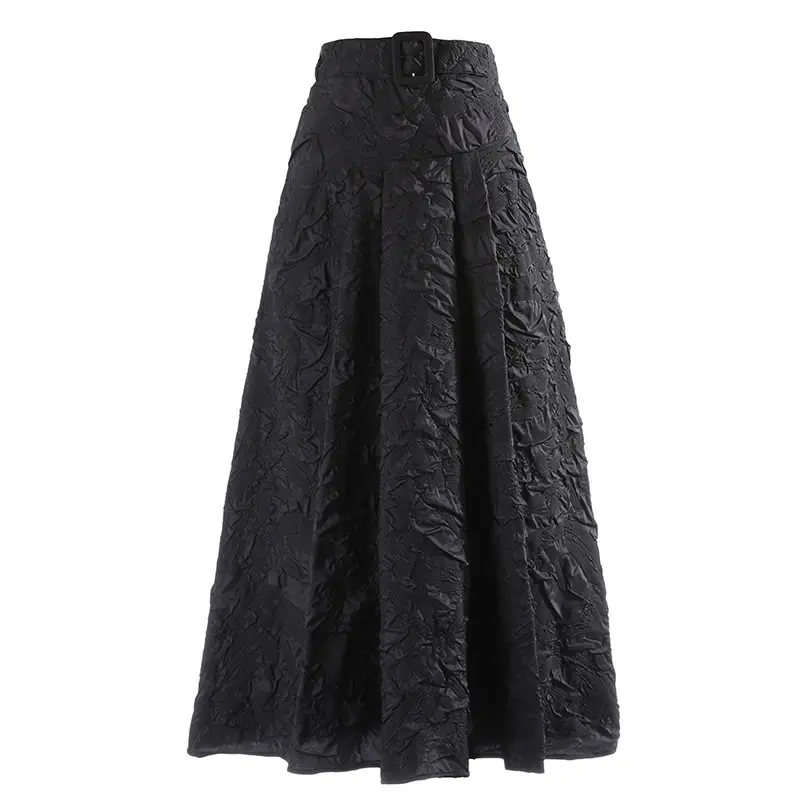 

XITAO Patchwork Jcaquard Skirt Women Vintage Tide Fashion New A Line Style Wrinkles Elegant Solid Color Pocket Slim Belt LDD1232