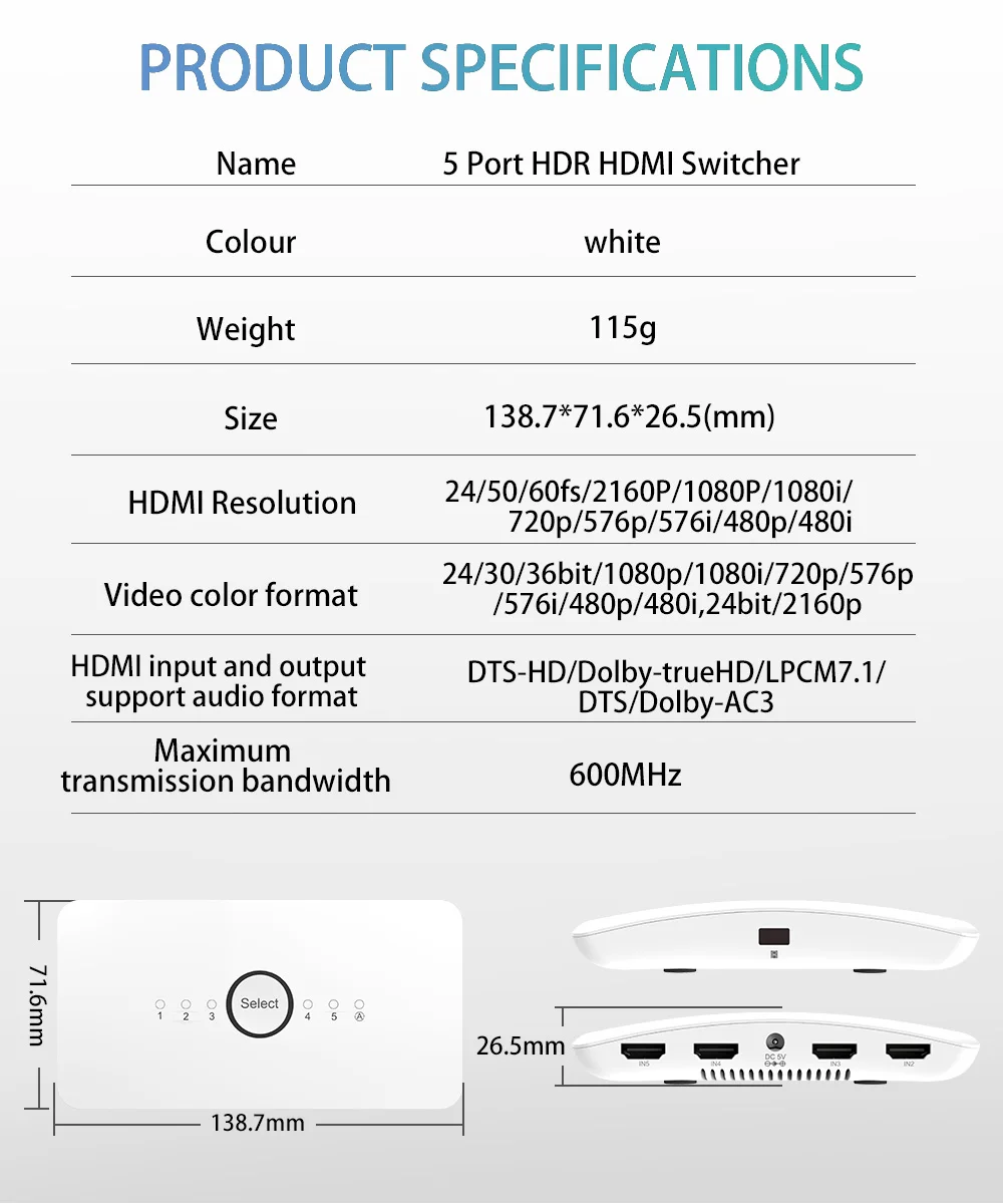 UHD 5 в 1 HDMI переключатель 2,0 4K HDR адаптер коммутатор Аудио экстрактор с ARC 5X1 для rend HDTV PS4 PS3 HDMI разветвитель 4k 60 Гц