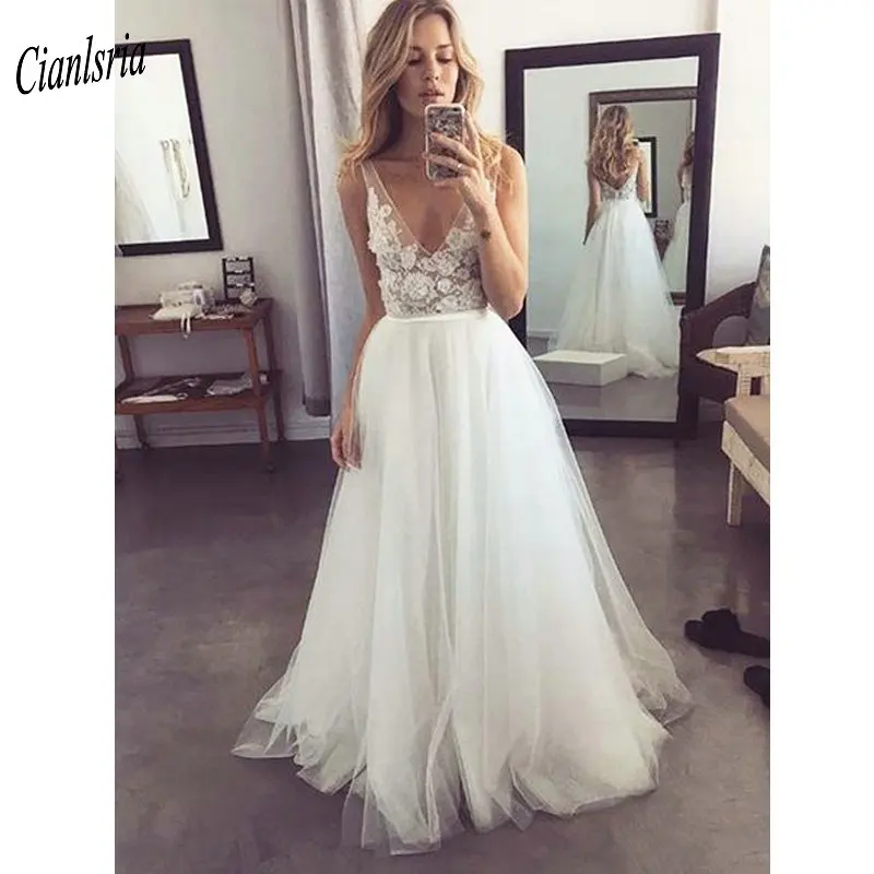 

Sexy Illusion Deep V-Neck Boho Country Wedding Dresses Sleeveless Appliques Lace Backless Bohemian Long Bridal Wedding Dress