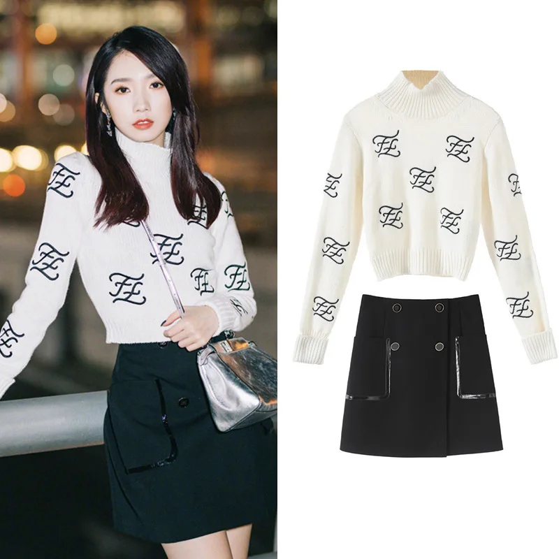 Новинка водолазка toki с надписью свитер черная юбка модный костюм SA0941|Спортивные