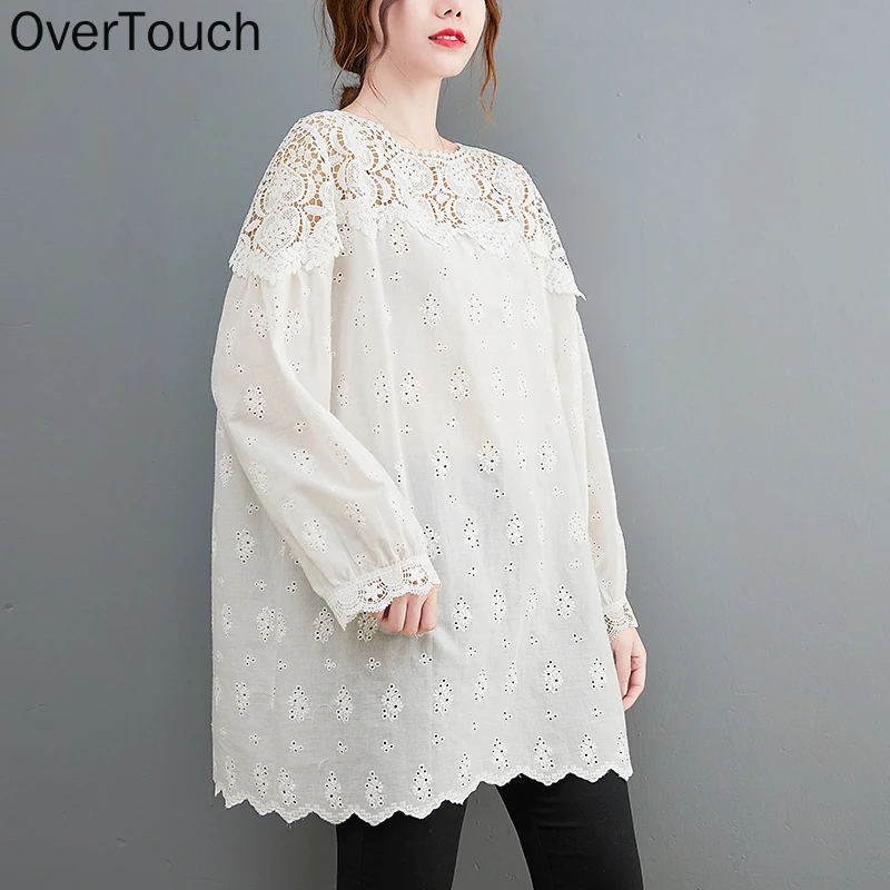 

Осенняя футболка, Топы, кружевная модная женская одежда с цветочным принтом, свободная повседневная женская блузка, рубашка, туника из хлоп...