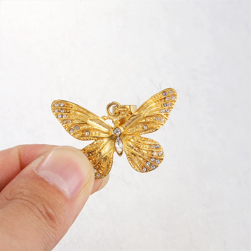 

Xishan Stainless Steel Butterfly Necklace Pendant Gold Color Hip Hop Jewelry Ice Out Pendant Gifts for Men Women