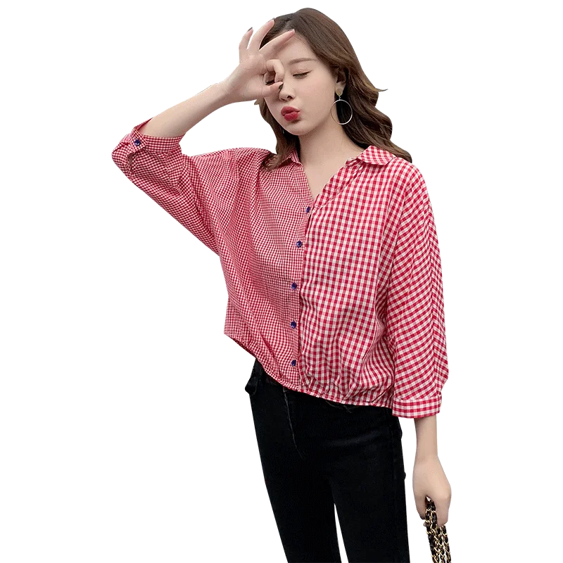 

2021 spring and summer new Korean style loose three-quarter sleeves western fashion color matching plaid shirt women