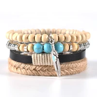 boho style mens and womens bracelets multi layer leather bracelet turquoise feather pendant set fashion couple jewelry gifts