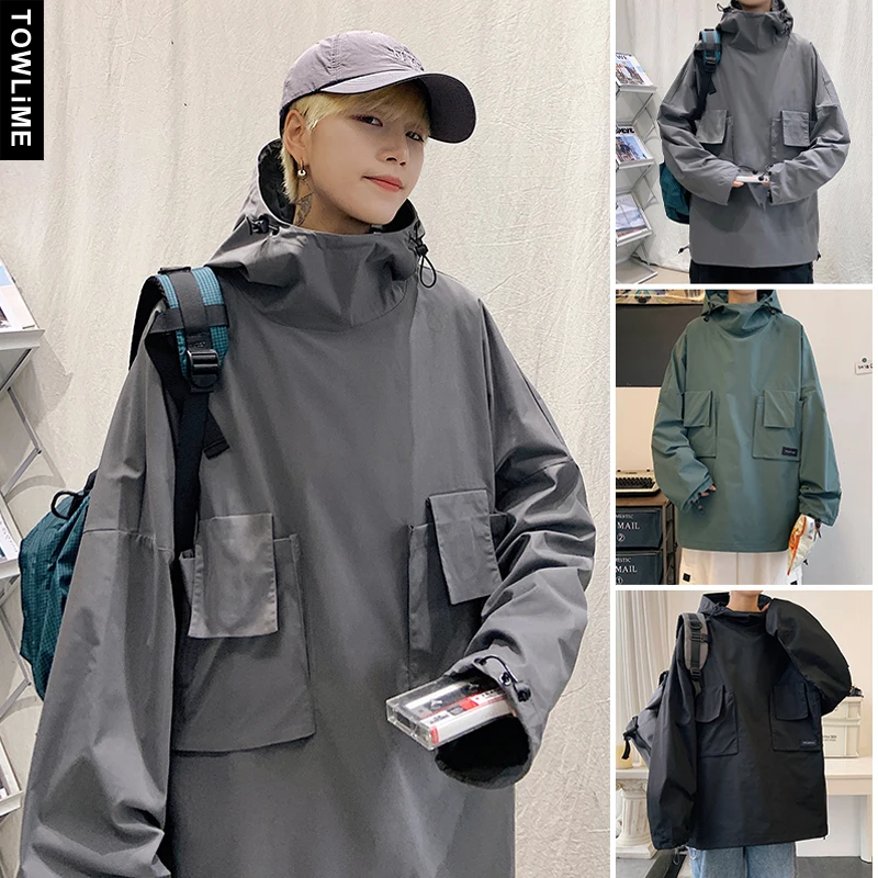 

Hip Hop Mens Streetwear Hooded Coat 2021 Autumn Casual Cargo Big Pockets Solid Color Loose Jackets Couple Windbreak Pullovers