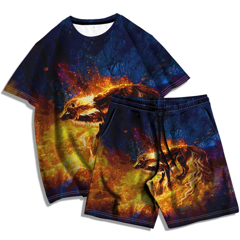 

Animal Wolf Pattern T-Shirt Shorts Suit Men Casual Loose Two-Piece Set Trend 3D Digital Printing T-Shirt 2021 Summer New Wear