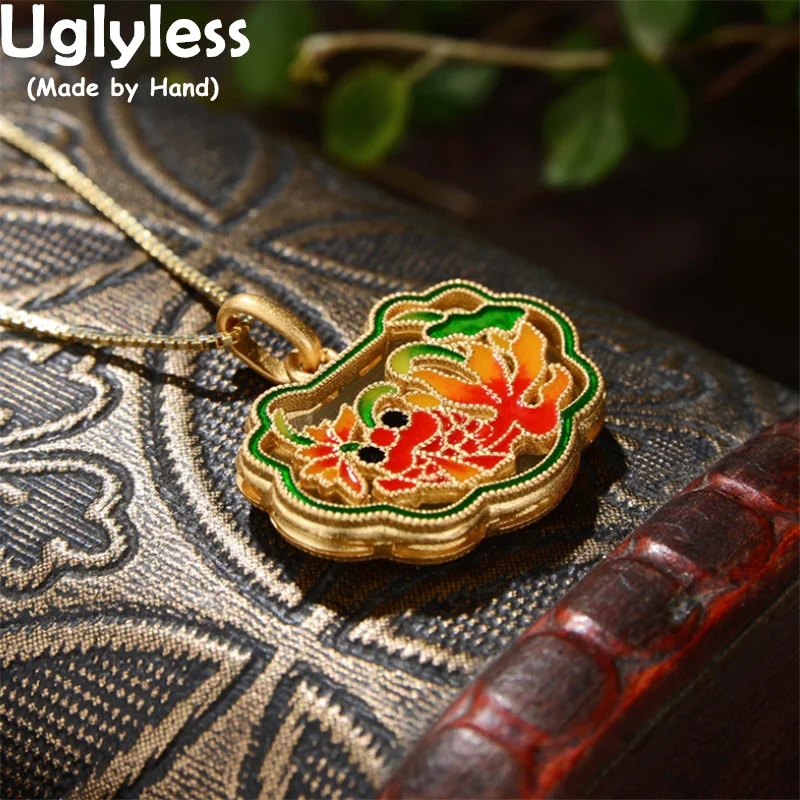 

Uglyless Enamel Goldfish Pendants Necklaces NO Chain for Women Ethnic Fashion Dress Jewelry Hotan Jade Heart Necklace 925 Silver