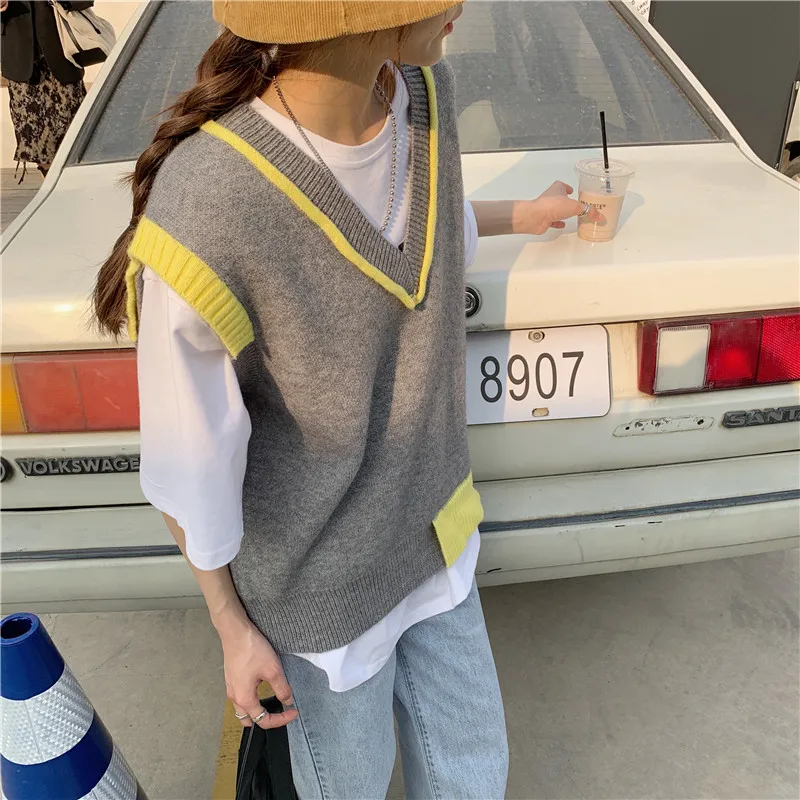 

Personality Sweater Tank Women's Spring 2021 New V-neck Loose Contrast Color Patchwork Knitted Vest Female Tide