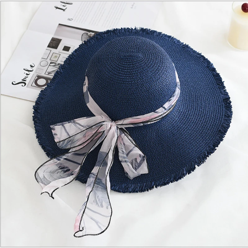 

NEW Summer Sun Hats For Women fashion Ribbon Lace Up Large Brim Straw Hat Outdoor UV protection Beach hat Chapeu Feminino