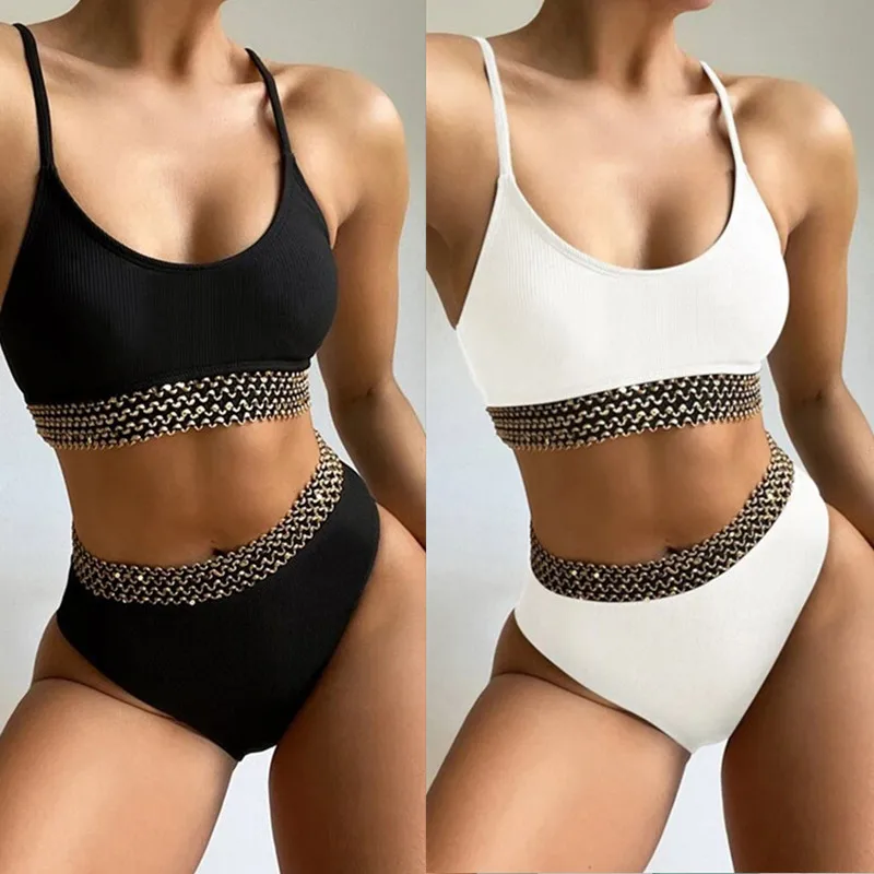 

Sexy Bandeau Bikini Set 2021 High Waist Swimsuit Female Black Swimwear Women Summer Bathers 2 Pieces Bathing Suit Beachwear