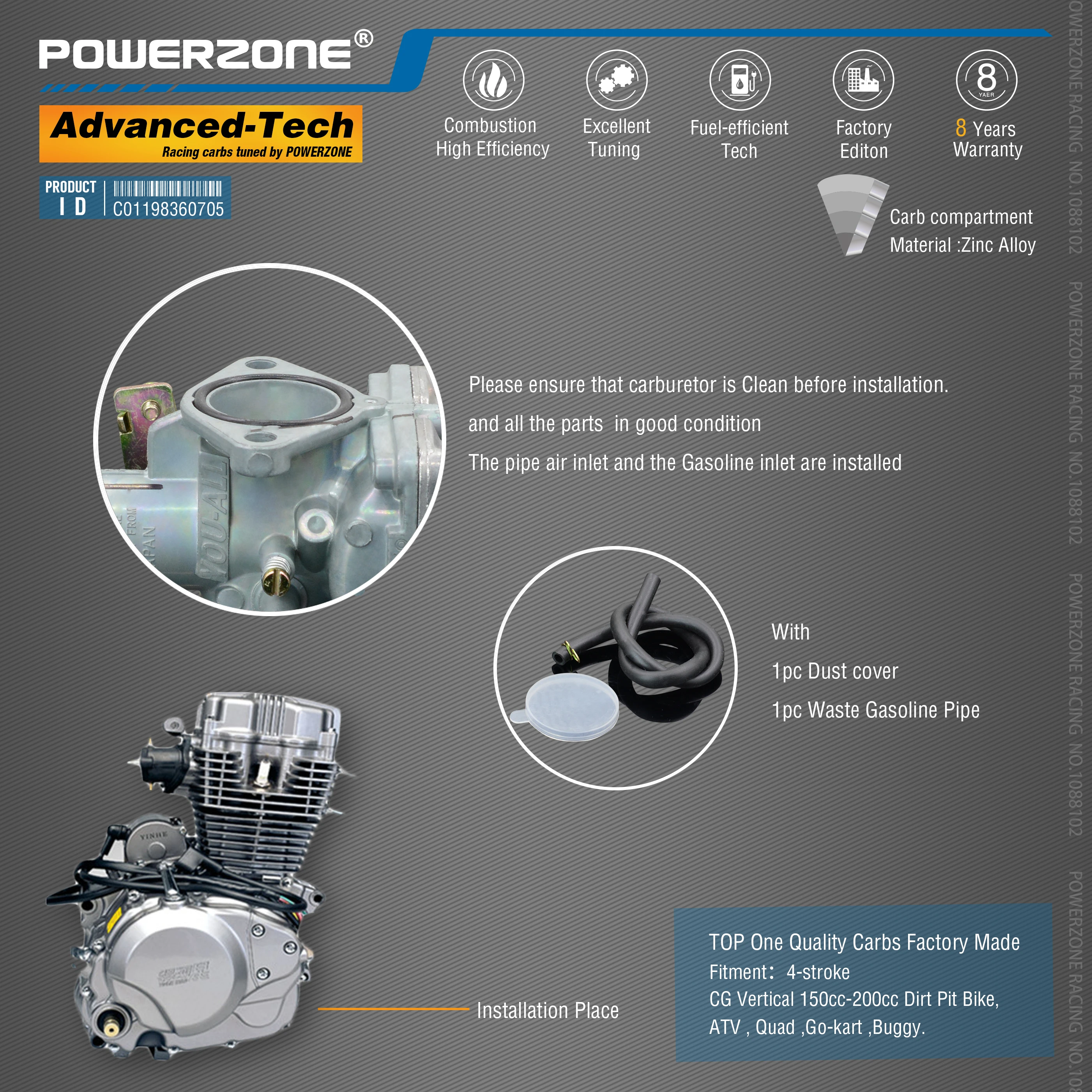 Карбюратор Powerzone PZ27 27 мм карбюратор с насосом акселератора CVK для CG 150 cc-200 куб. См