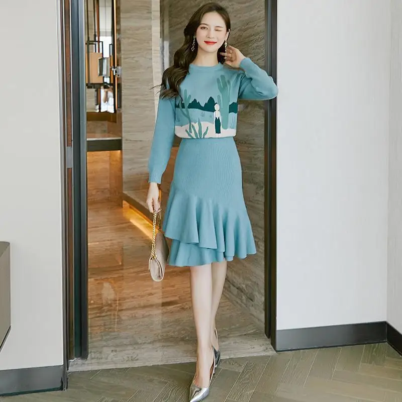 Женский трикотажный костюм с принтом свободный свитер длинным рукавом и