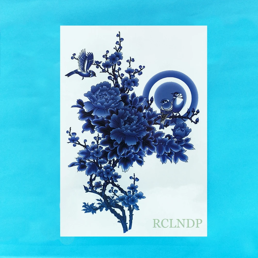 Водонепроницаемые временные тату наклейки синие цветы на заднюю ногу флэш-тату