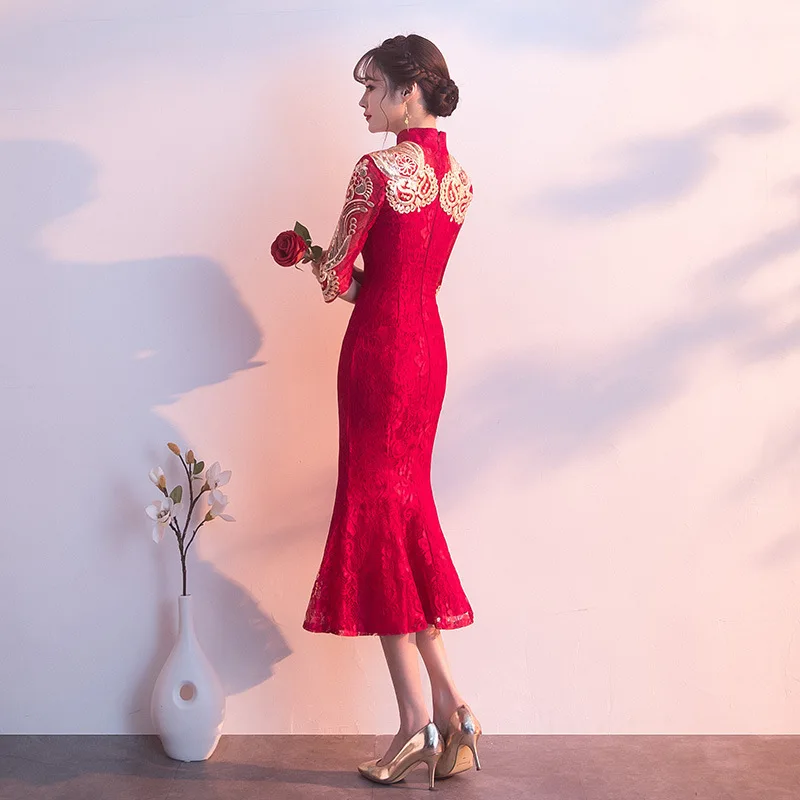 2020 Акция тост невеста новый маленький Cheongsam рыбий хвост тонкий Свадьба Помолвка