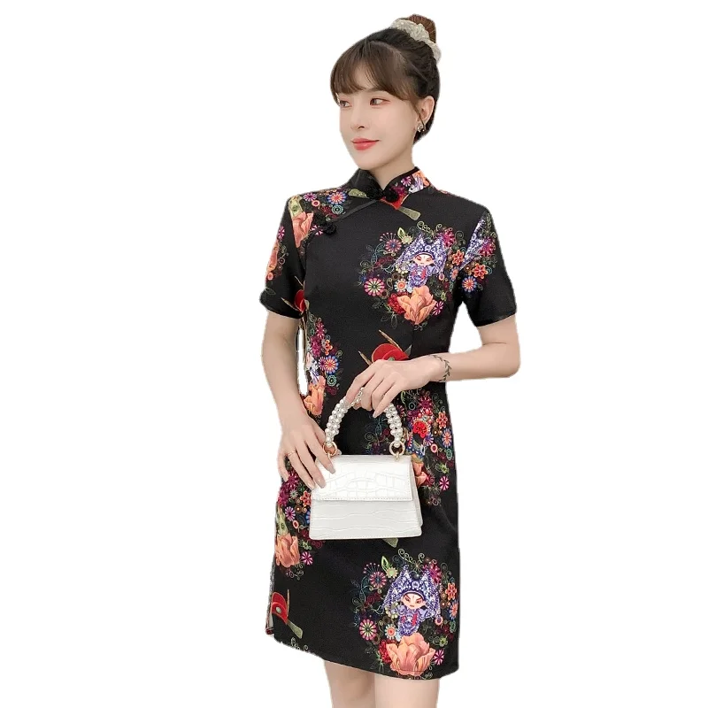 

Summer Fashion Black Beijing Opera Print Party Modern Cheongsam Dress for Women Short Sleeve Qipao Traditional Chinese Clothes