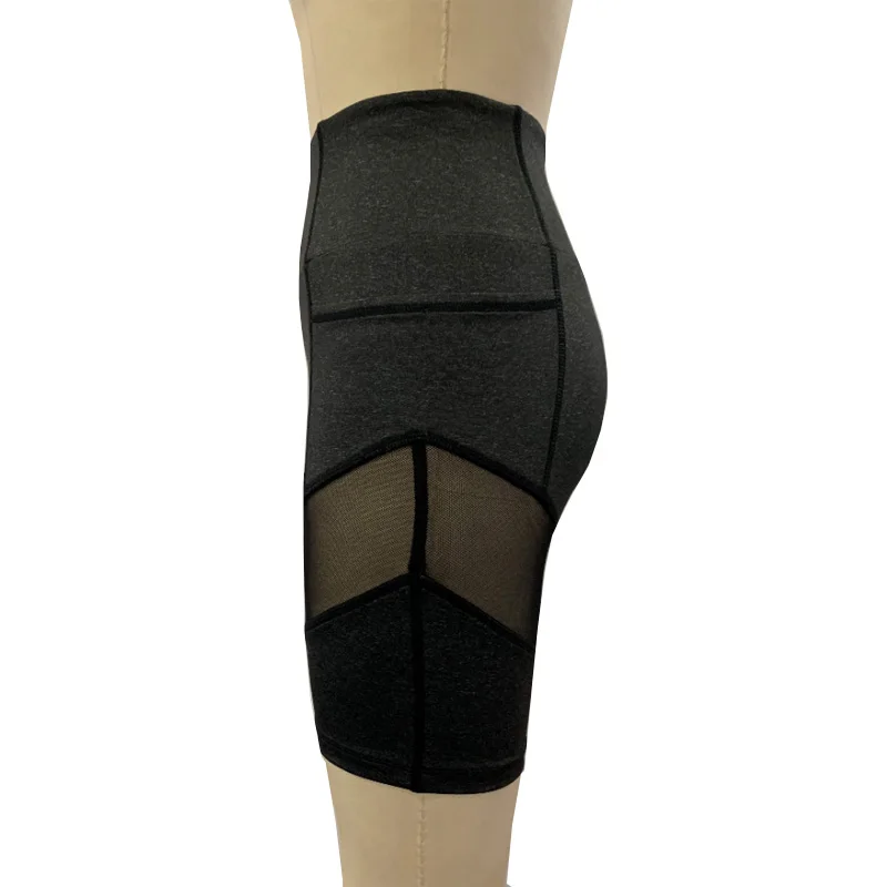 

2021 New High Waist Solid Color Mesh Patchwork Pockets Skinny Female Casual Summer Women Short Legging