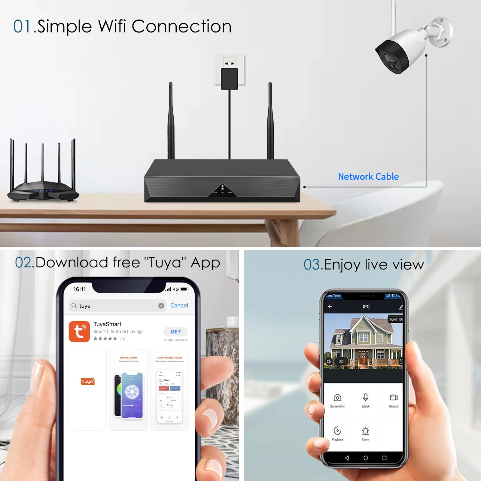 

Wireless WiFi Security Camera System, 4 Channel NVR+2pcs 1080P Wireless Bullet Camera+ 2pcs 1080P Wireless PTZ Camera with IP66