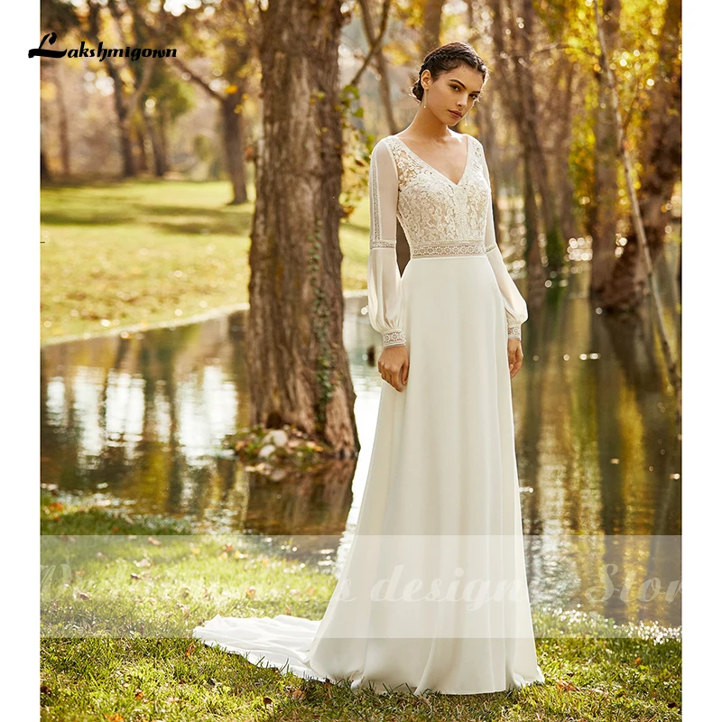

Vintage Boho Wedding Dresses Long Sleeves V-neck Beach Bridal Dress 2021 Chiffon Lace Applique Wedding Gown vestido de novia