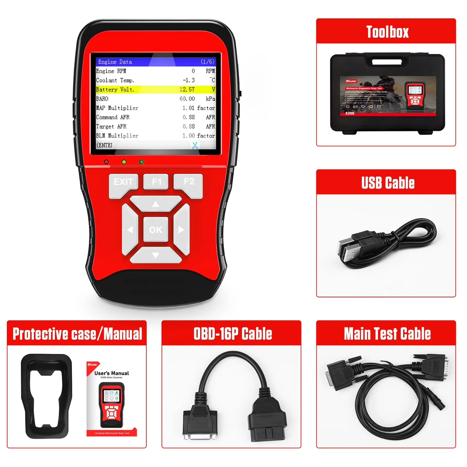 

qpKung X208 Motorcycle Code Reader For K-Awasaki Y-Amahas-Uzuki Etc Motorbike Multi-Language General Scan Diagnostic Tool