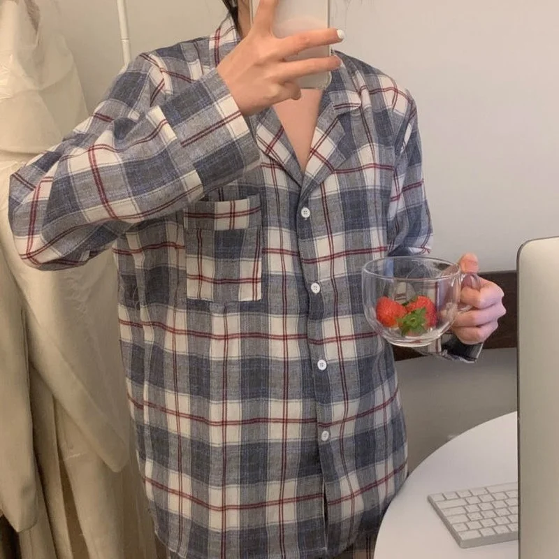 QWEEK Plaid Women's Pajamas Korean Style Sleepwear Set Woman 2 Pieces Winter Long Sleeve Top with Pants Suits Pijama Pyjamas