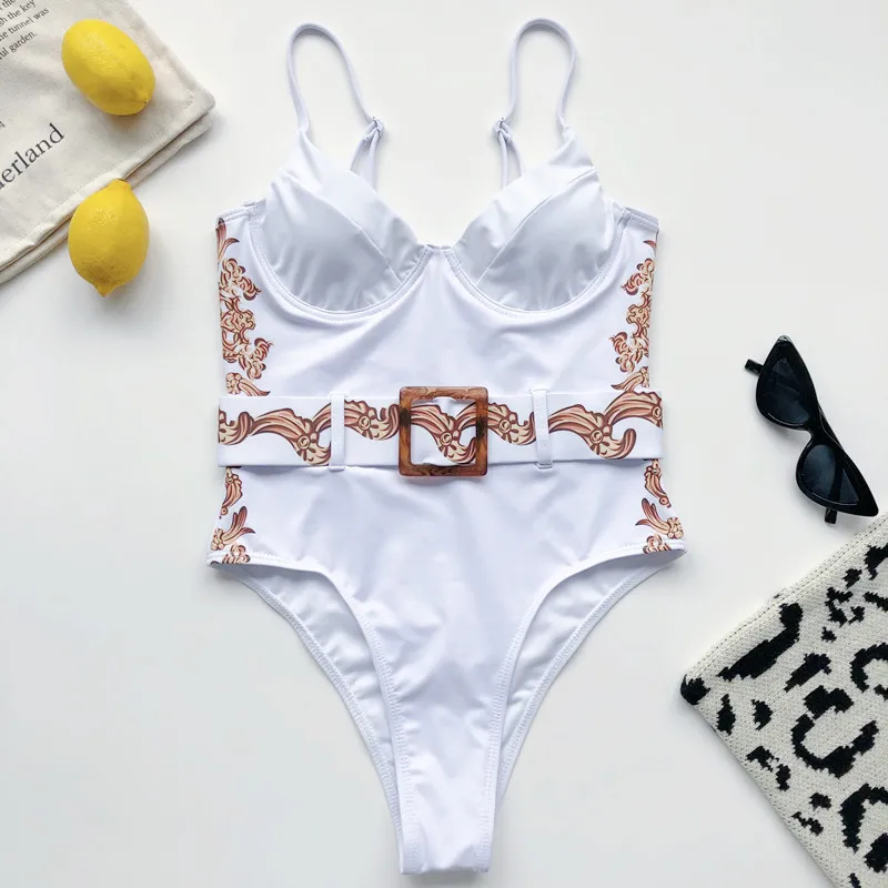 Купальник женский в винтажном стиле пуш ап белый с поясом|Комбинезоны| |