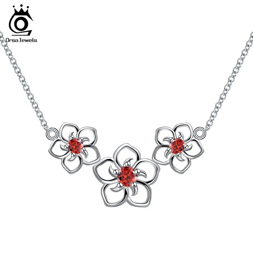 ORSA JEWELS Настоящее Стерлинговое Серебро ожерелья для женщин 3 Шт Полые Цветы с фианитом высшего класса женские ювелирные изделия SN96 - Gem Color: Red Zircon