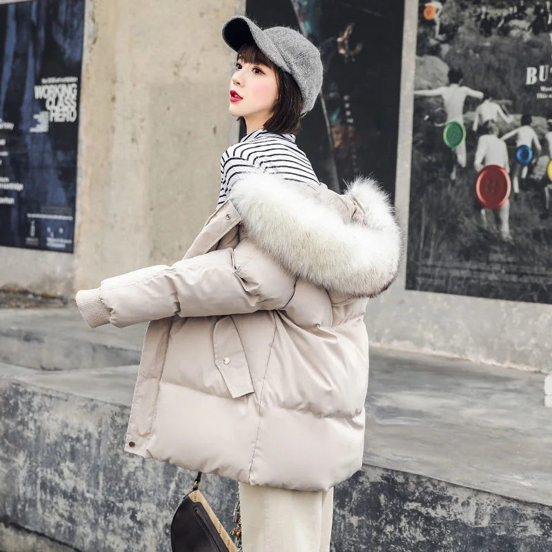 

2021 Winter Clothes New Loose Down Padded Jacket Women Parka Big Fur Collar Hooded Bread Coat Student Female Outerwear
