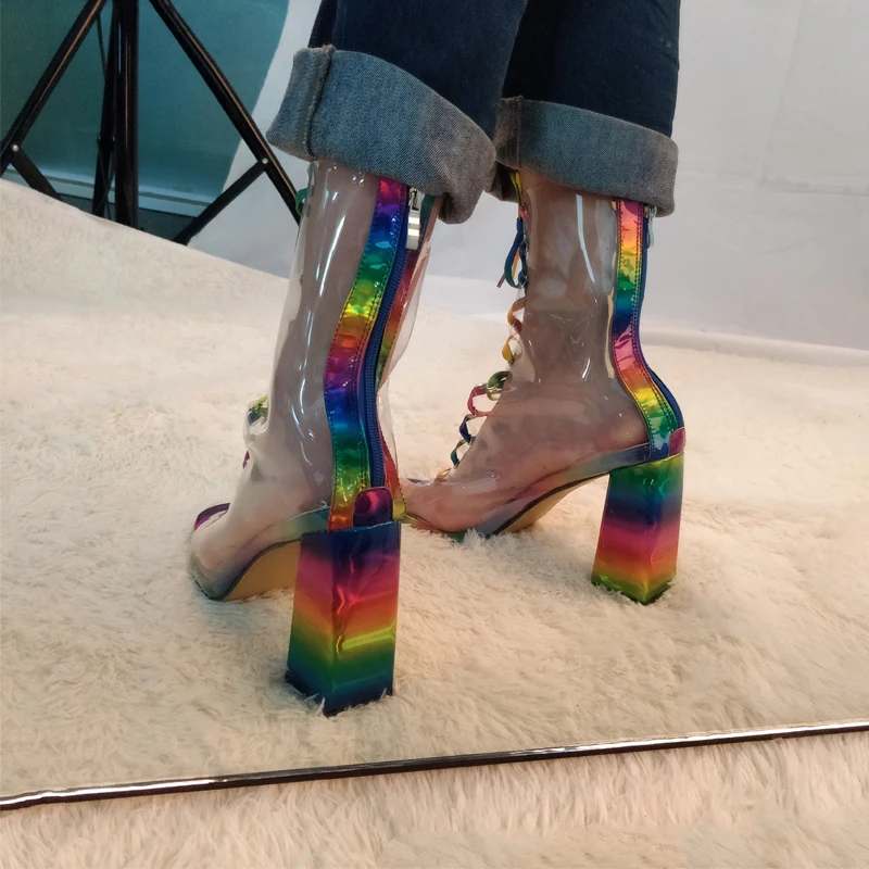 

BUSY GIRL Women's high heel sandals peep toe lace up high heel booties women's sandals PVC upper chunky heel sandals for women