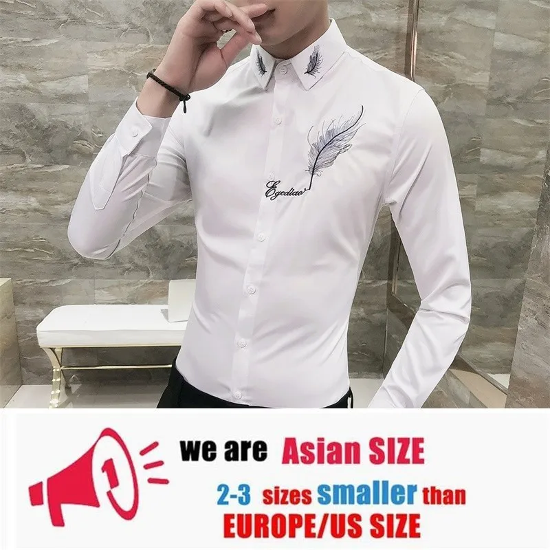 white Модные мужские вечерние рубашки, мужские рубашки с длинным рукавом Camisa Social Masculina, мужские черные белые Клубные рубашки с вышивкой - Цвет: white