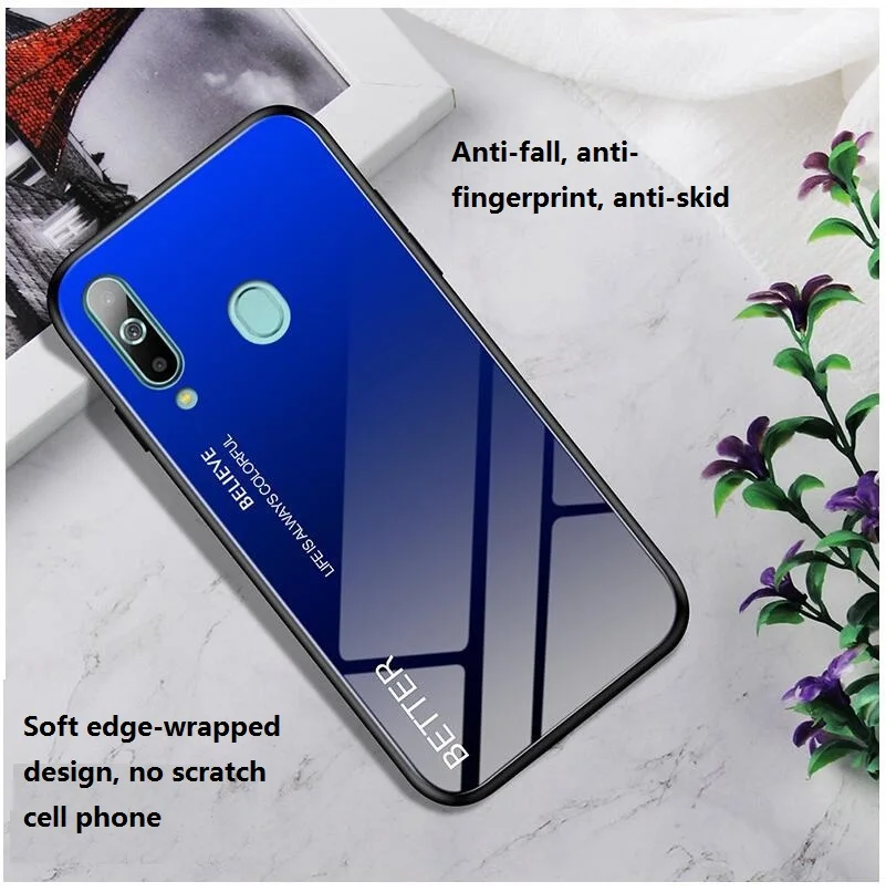 Blue black Мраморный градиентный стеклянный зеркальный чехол для samsung A40 A50 A60 A70 M40 защитное закаленное стекло+ ТПУ - Цвет: Blue black