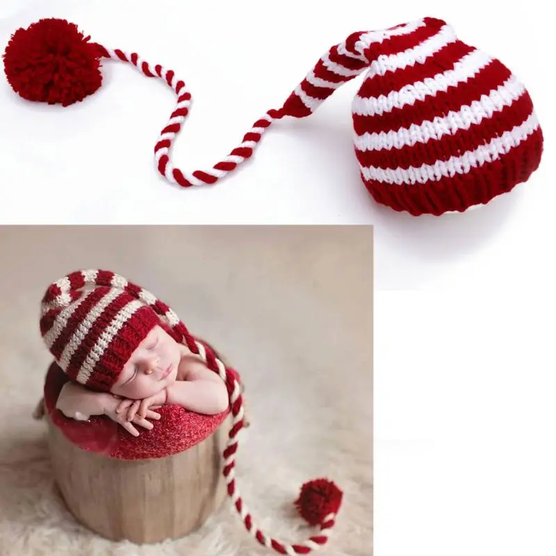 

Baby knitting Long Tails Christmas Hat Newborn Photography Props Stripe Crochet Baby Hats Baby Props For Photography