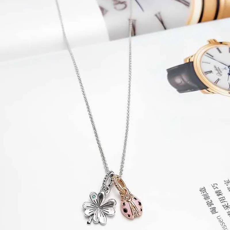 

Genuine 925 Sterling Silver Fashion Four Leaf Grass Ladybug Pendant Necklace Fit Original Pan Charm Female Diy Jewelry