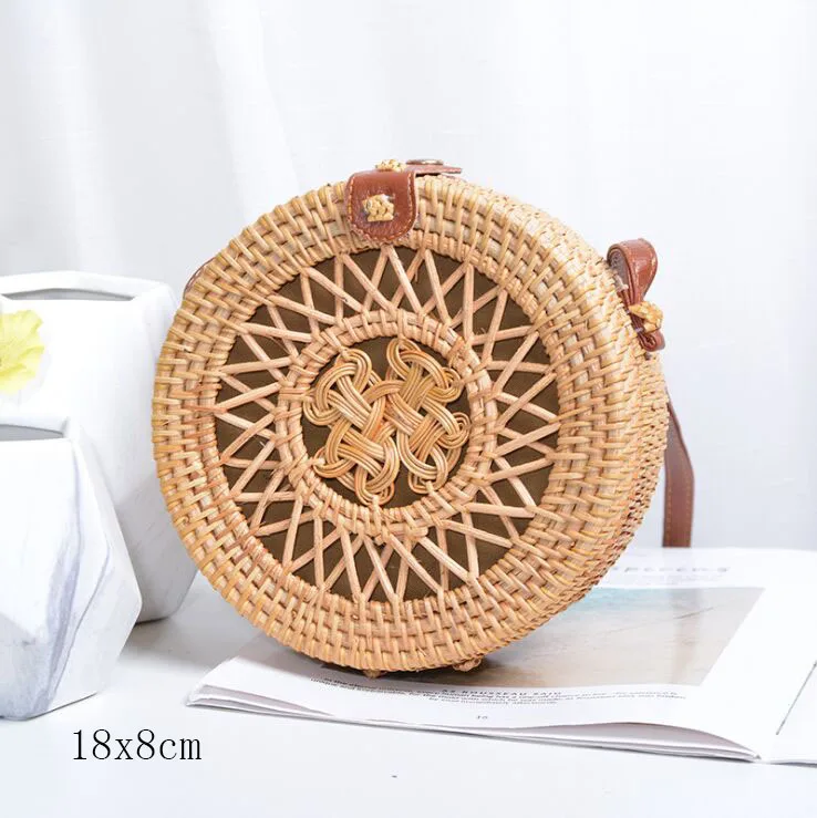 Tan F 18X8cm Солнечный пляж, ручные тканые сумки, круглая сумка с пряжкой, Ротанговые соломенные сумки, ранец, богемная пляжная круглая сумка - Цвет: Tan F 18X8cm
